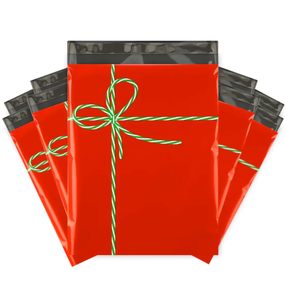 Christmas Themed Poly Mailers Red with Bow